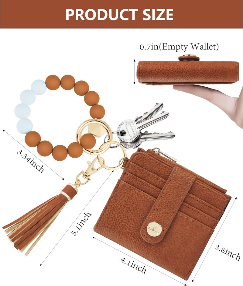 Sunpour Small Wristlet Wallets for Women Keychain Wristlet Wallet RFID Blocking Key Chain Wallet With Zipper Coin Pocket,2 Id Window (Brown) - Image 2